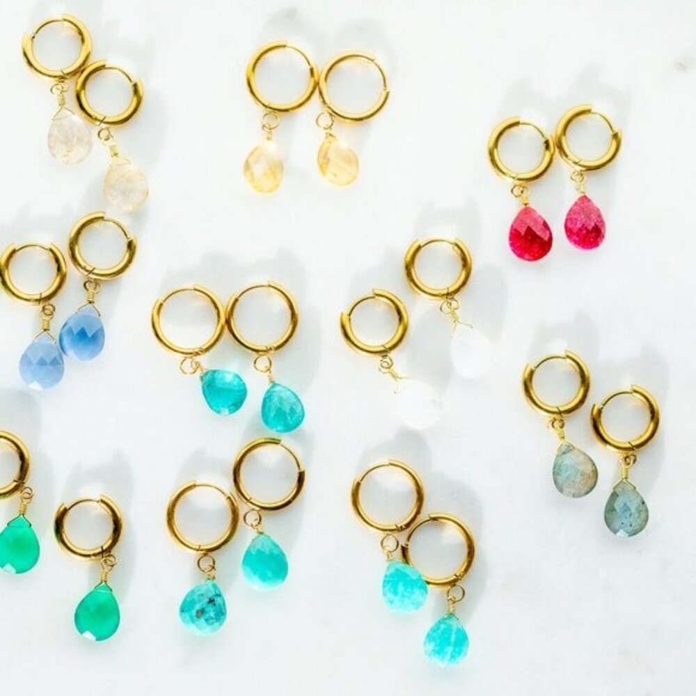 Waterproof Gemstone Earrings Labradorite Gold Huggies w/ gemstone dangle CUTE